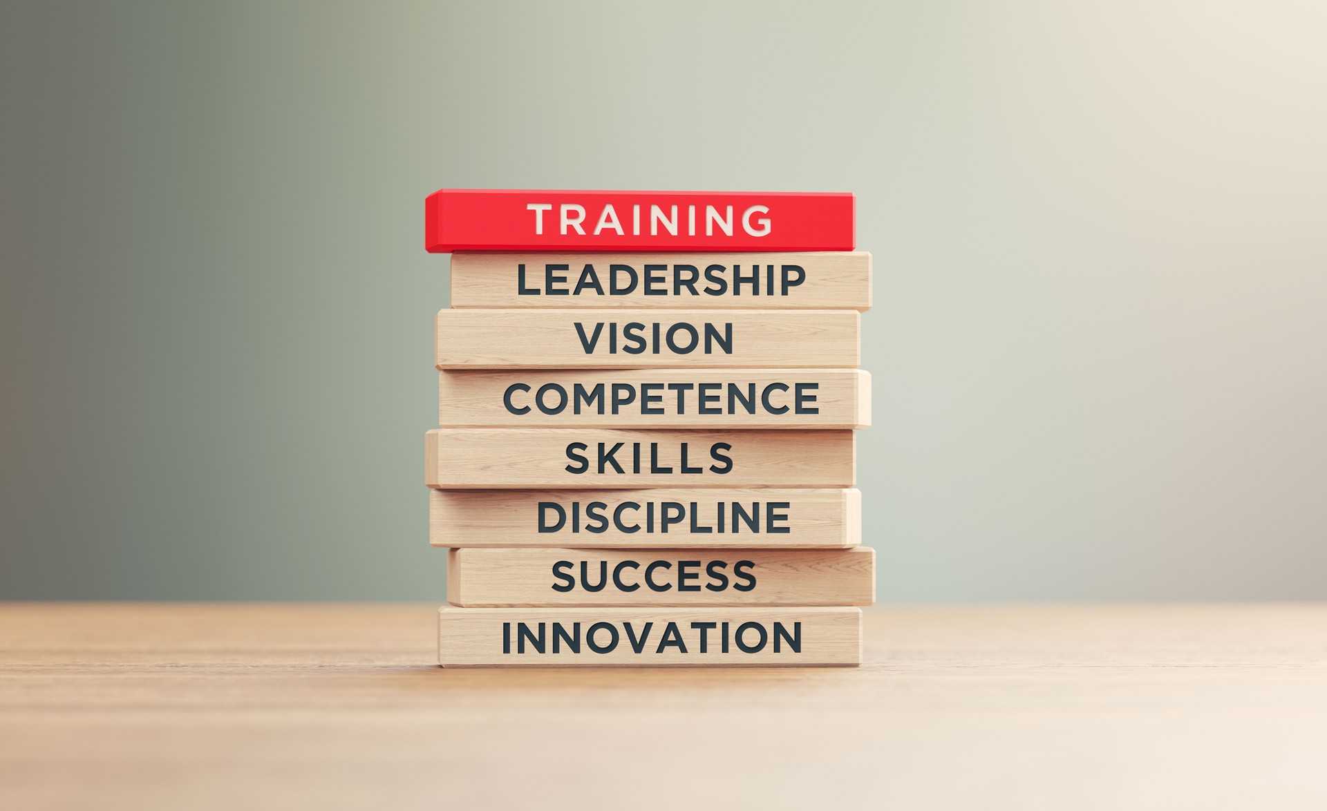 Training Related Words Written Wood Blocks Sitting on Wood Surface in Front a Defocused Background